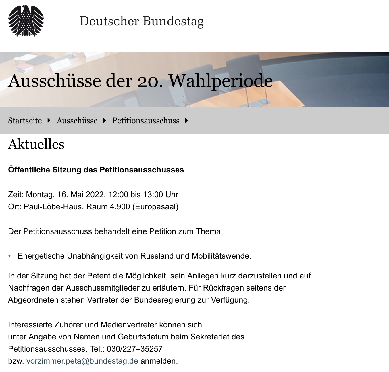 Screenshot der Ankündigung auf der Bundestagsseite.
