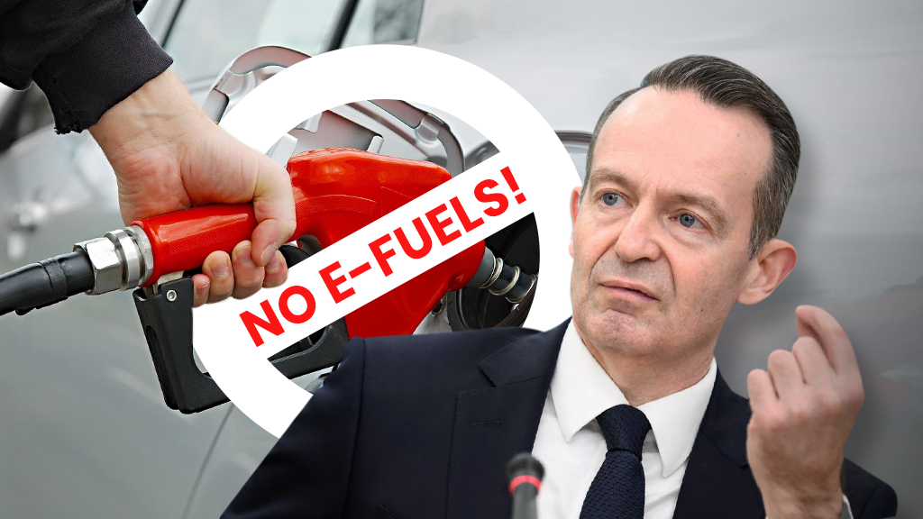 Sharepic für die Petition. Volker Wissing im Vordergrund, im Hintergrund wird ein Auto getankt, davor die Warnung "no efuels!".