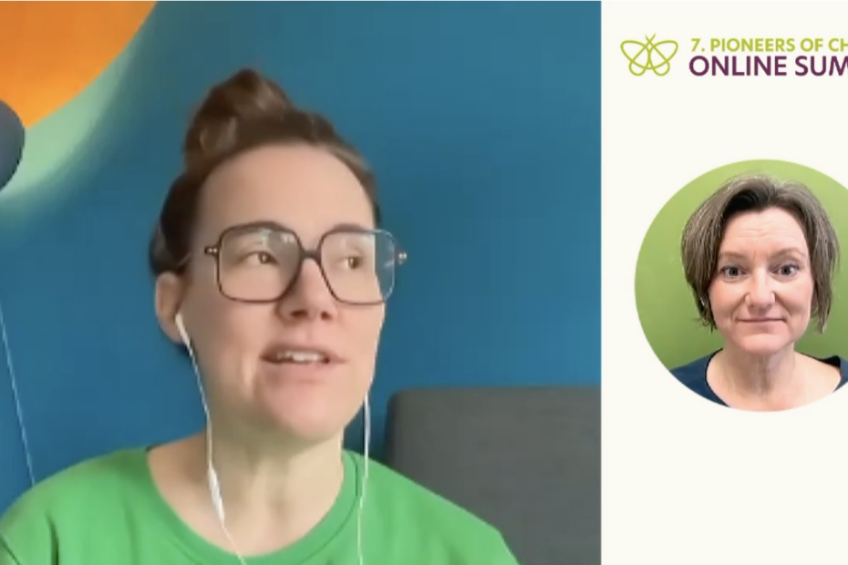 Screenshot des Gespräches, Katja in groß mit grünem Pulli vor blauer Wand und Hemma als eingeklinkte Figur in einem Kreis.