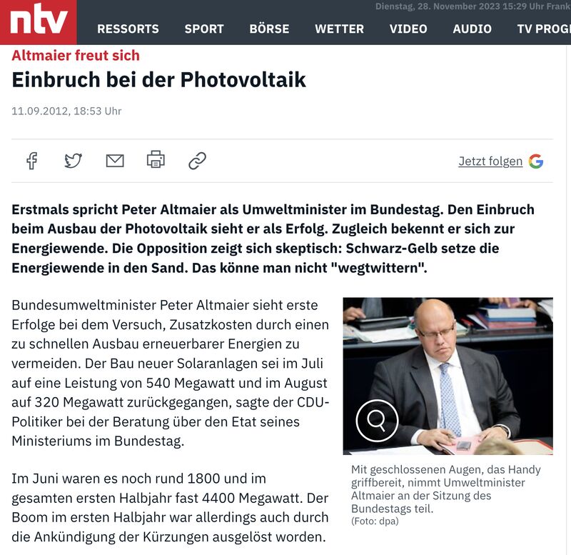 Screenshot eines NTV-Artikels von 2012.