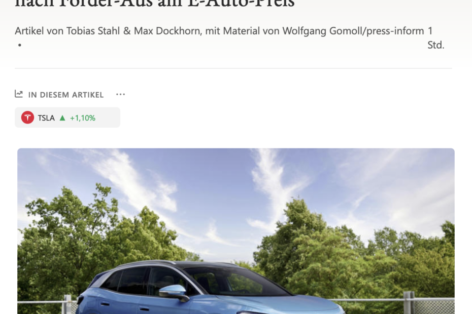 Screenshot eines Artikels, der thematisiert, dass die beendete Kaufprämie vom Staat zu höheren Rabatten bei Elektroautos führt.