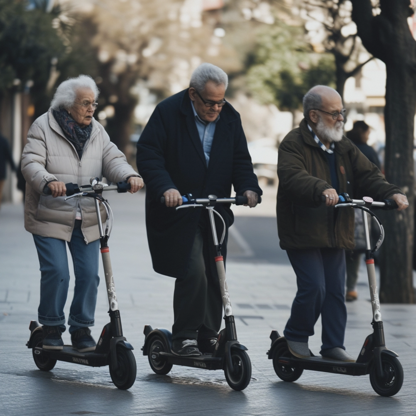 5 Personen, alt, fahren Elektroroller, auf der Straße, draußen, natürliches Licht