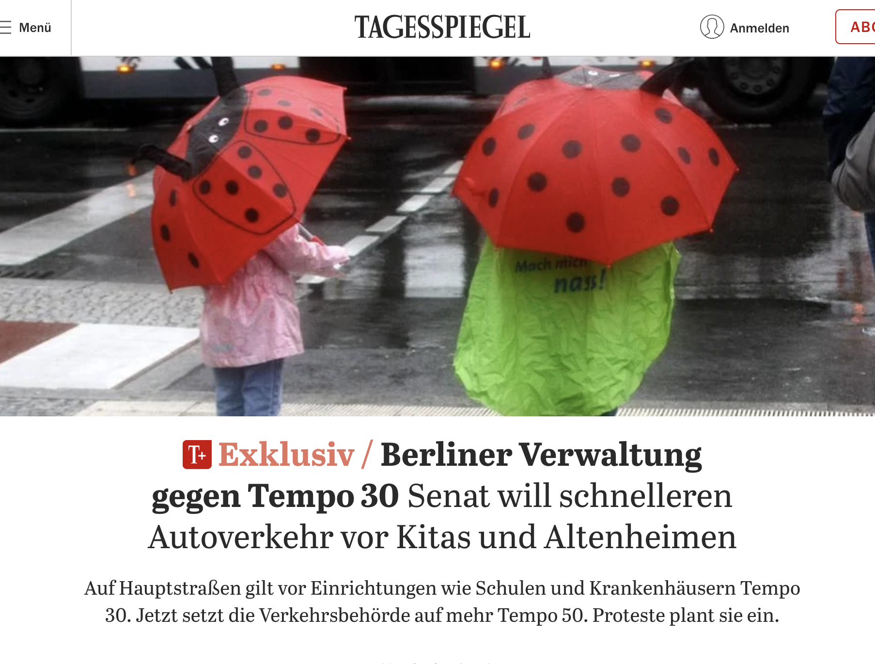 Screenshot des Artikels, das Bild zeigt zwei Kinder in Regenkleidung mit roten Marienkäferregenschirmen.