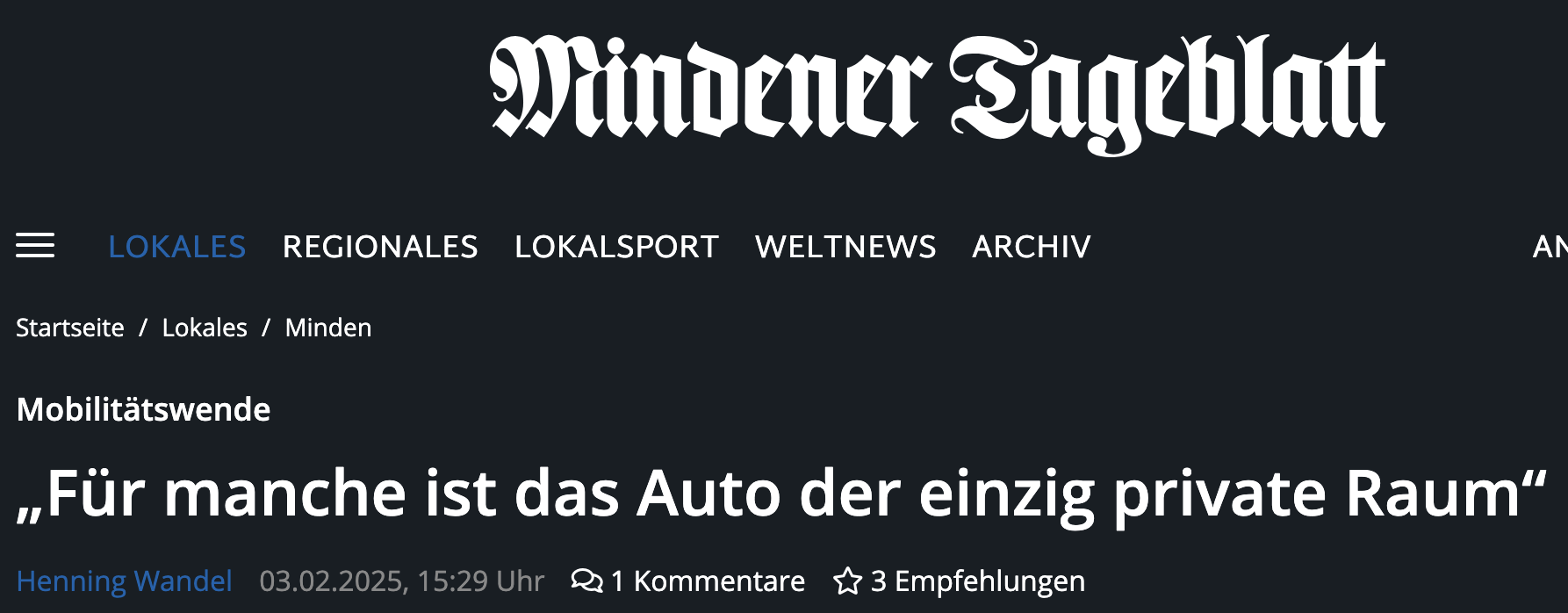 Interview im Mindener Tagblatt: „Für manche ist das Auto der einzig private Raum“