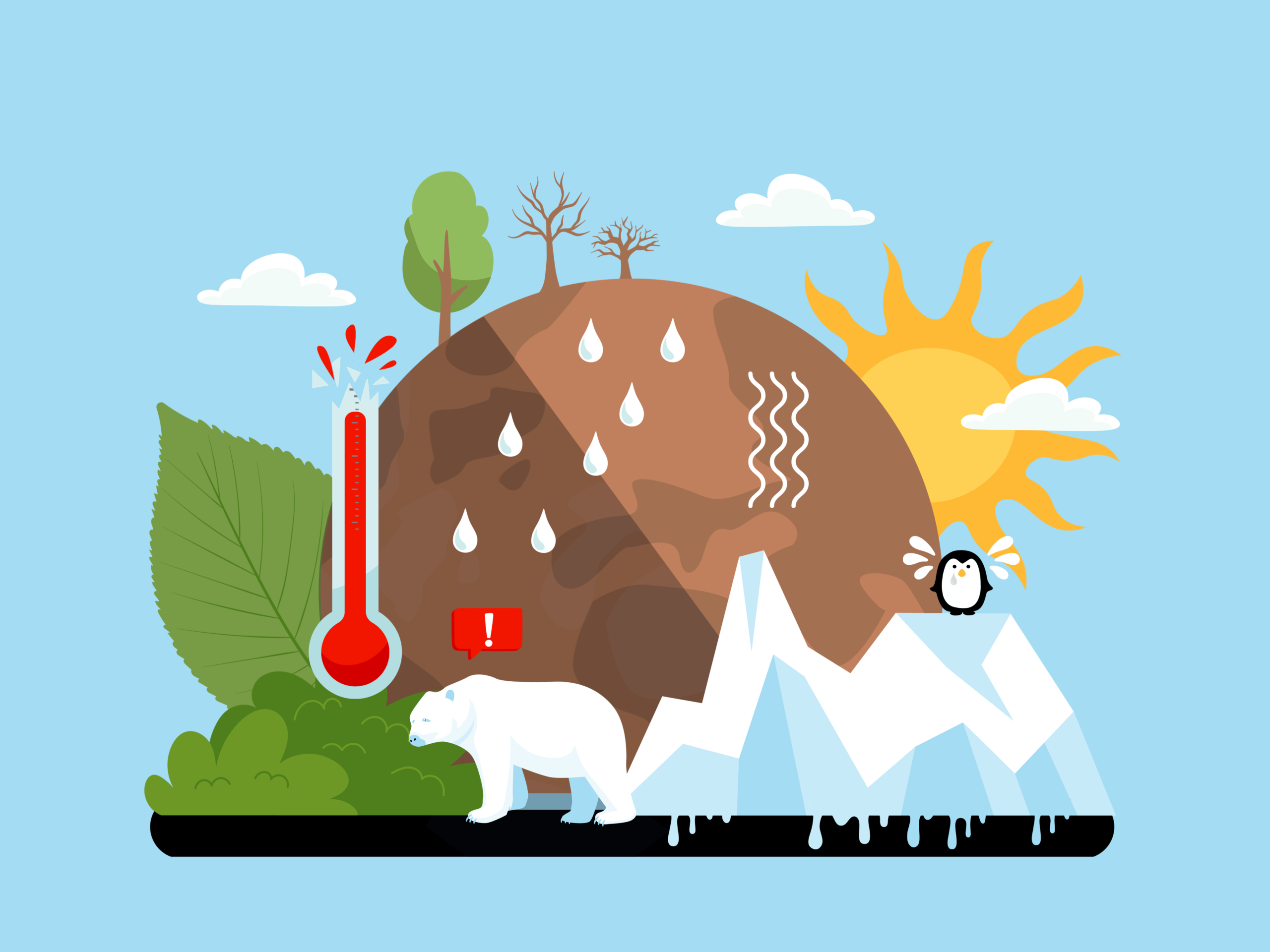 Grafik mit Thermometer, Eisbär, Eisberg, Sonne,