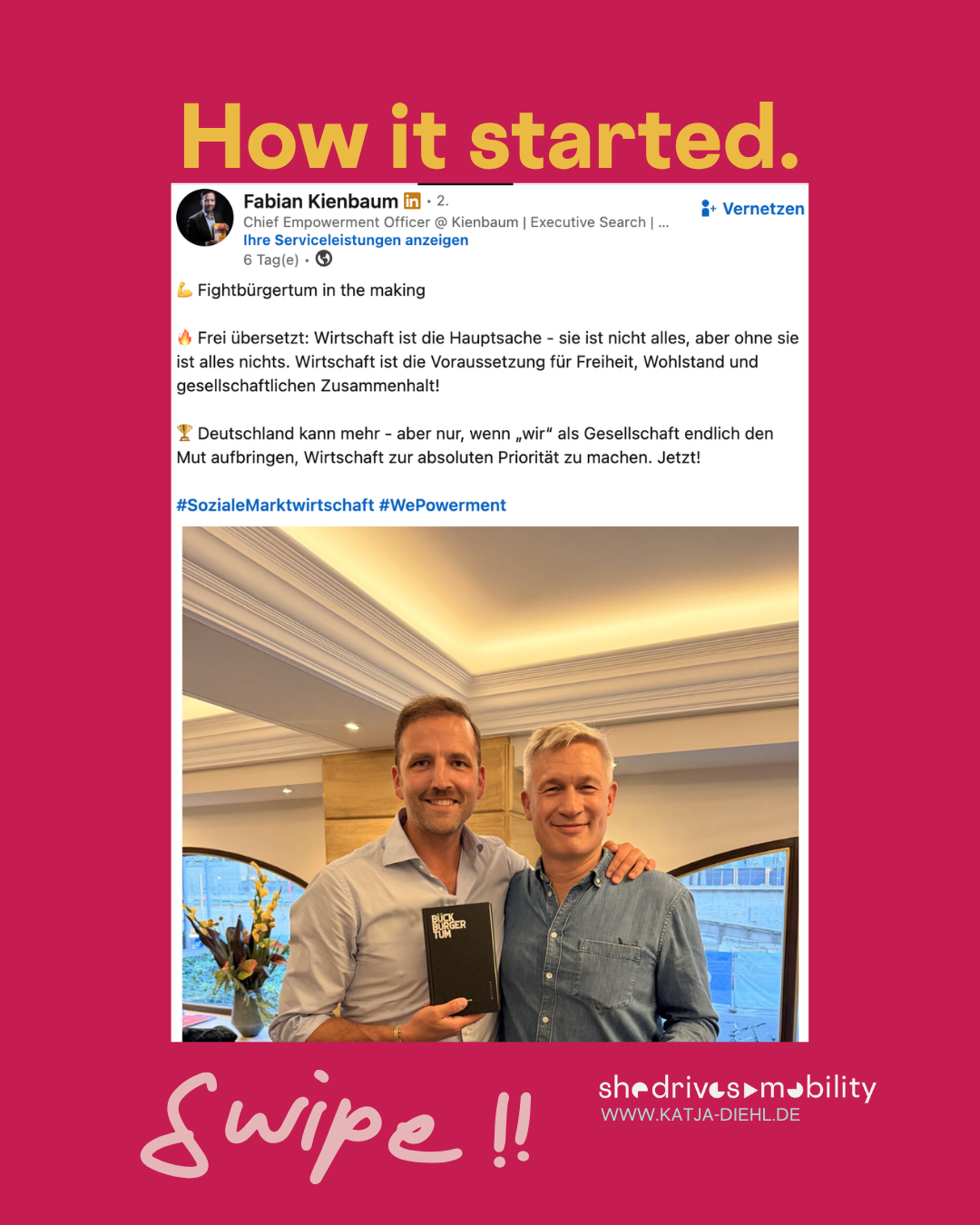 „How it cracked:"Screenshot von zwei LinkedIn-Kommentaren. Erster Kommentar von Fabian Kienbaum (Chief Empowerment Officer bei Kienbaum): „Katja Diehl: welch origineller Kommentar. Gibt es in Ihrer Welt die Vorstellung, dass eine prosperierende Wirtschaft womöglich dazu beitragen könnte, dass wir Bildung, Gesundheit und Klima mit generiertem, entsprechendem Mitteleinsatz sinnvoll weiterentwickeln könnten?! Fragt und grüßt ein Mann mittleren Alters europäischen Ursprungs." 

