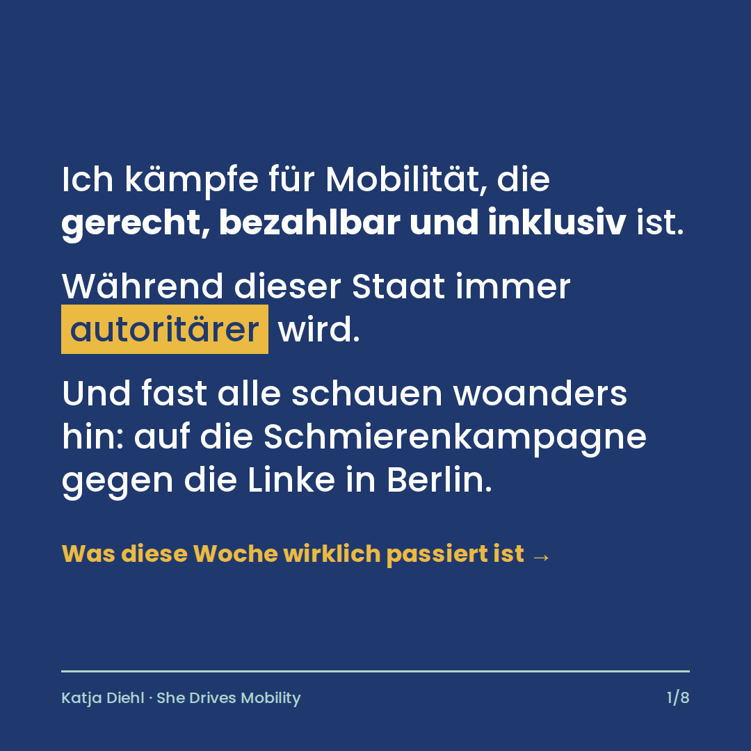 Textgrafik: Der autoritäre Umbau ist kompliziert. Die Linke zu bashen ist einfach. Lasst euch nicht ablenken. Schaut hin. Redet drüber. Mobilität ist politisch. Freiheit auch.