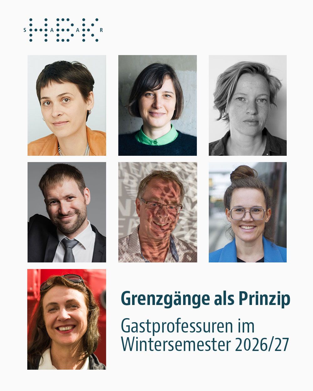 Porträts der sieben Gastprofessor*innen mit dem Text: Grenzgänge als Prinzip.